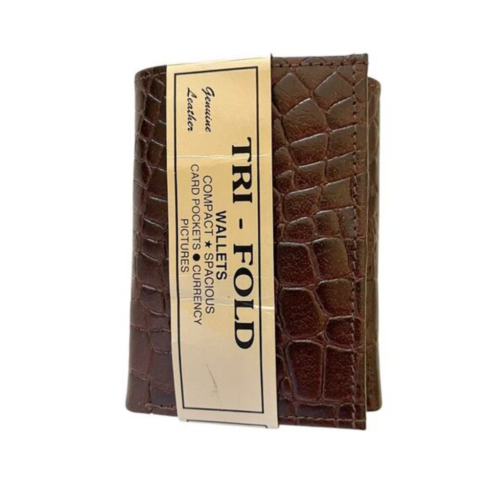 NWT Deadstock Vintage Croc-Embossed Brown Leather Tri-Fold Men's Wallet